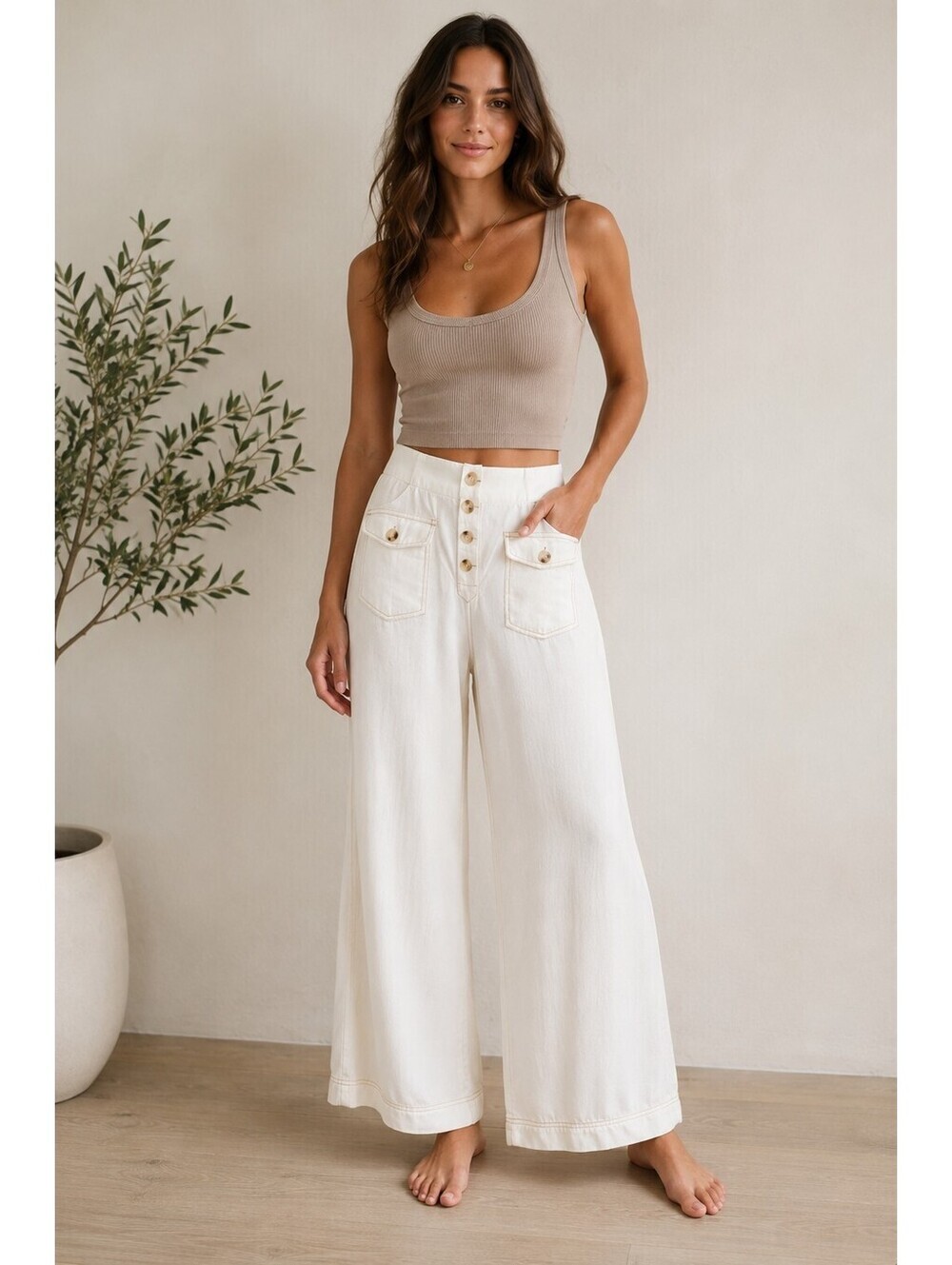 Happily Grey Women's White Wide Leg Pants High Rise Button Front Rayon Tencel